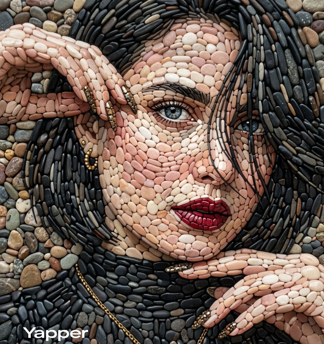 A highly detailed pebble mosaic portrait of a beautiful woman