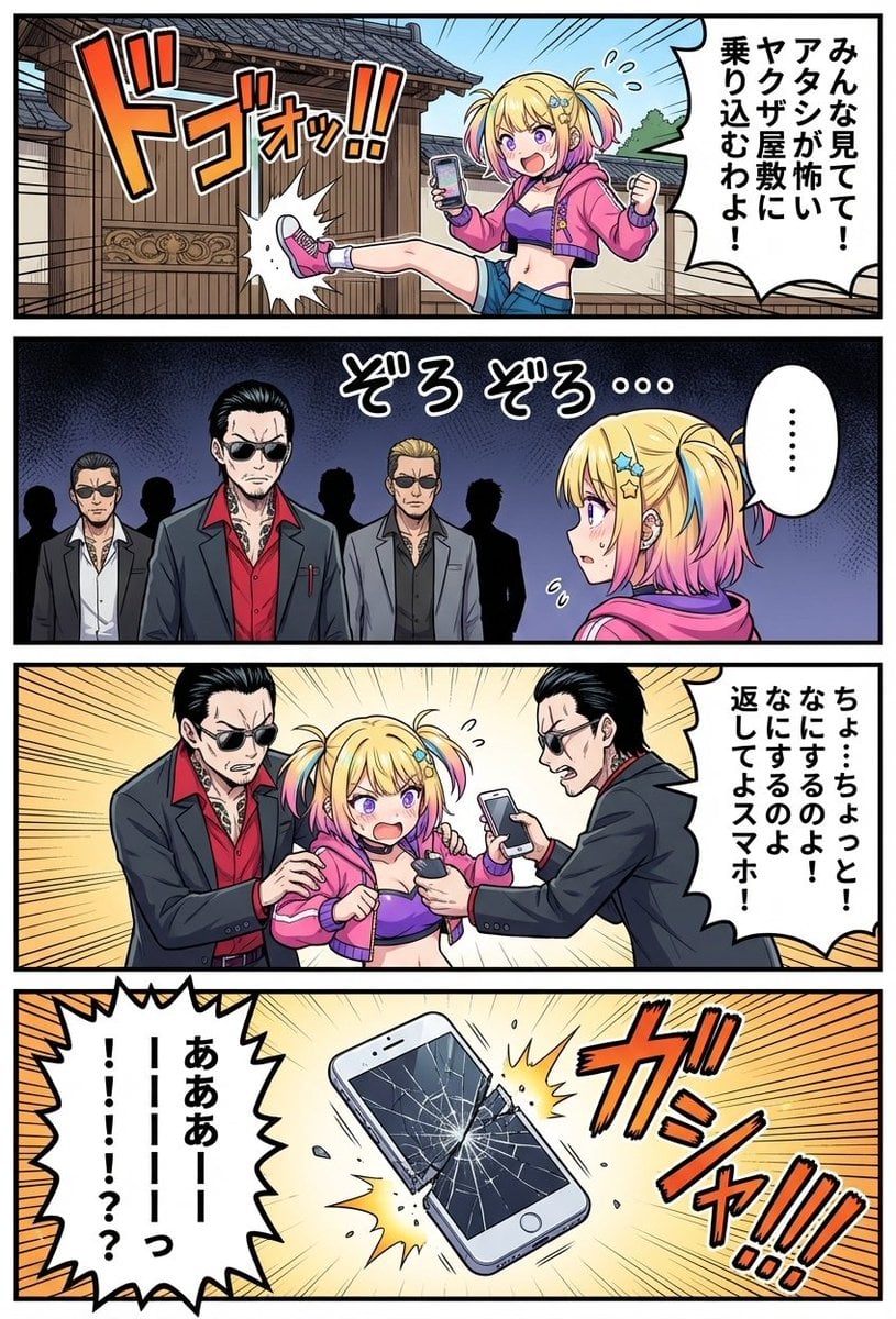 4‑panel manga of a girl streaming from a yakuza mansion