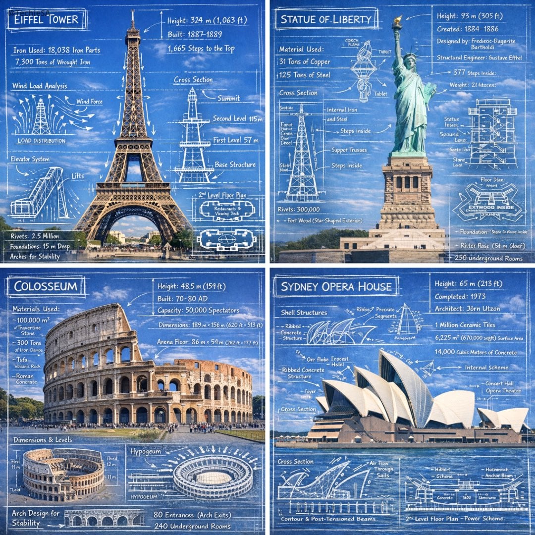 Infographic image combining a real photograph of the landmark