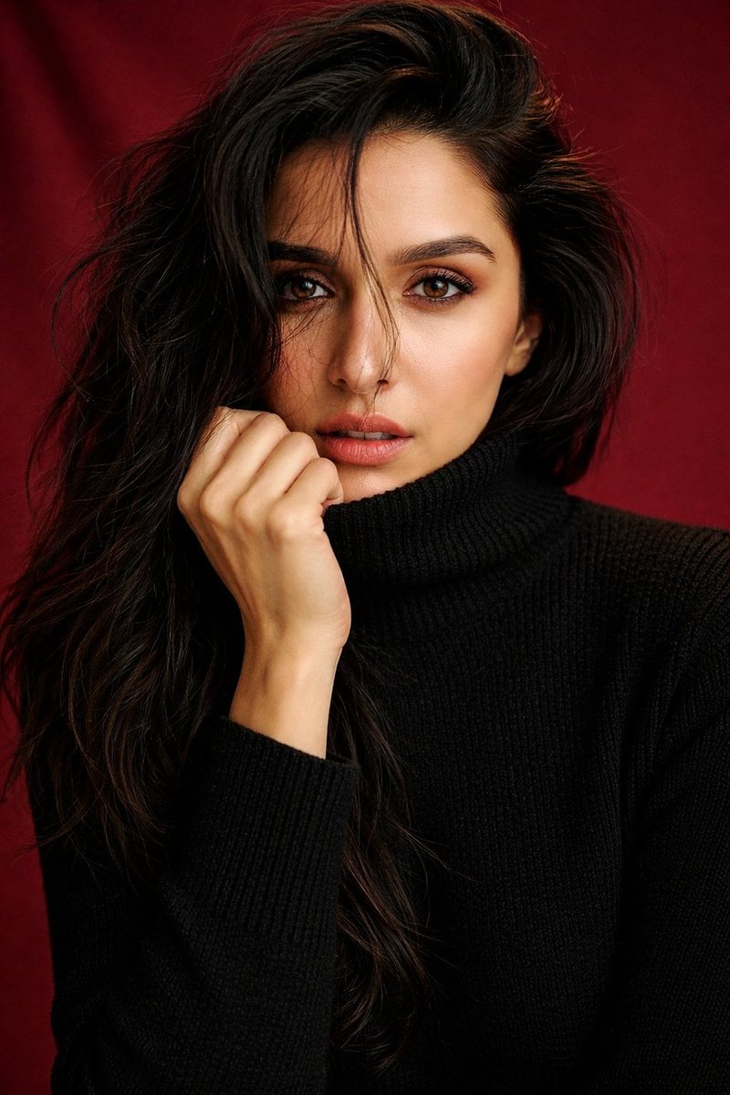 Shraddha Kapoor Black Turtleneck Studio Portrait Prompt