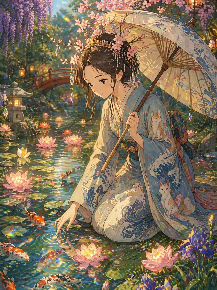 Ghibli Style Princess and Koi Pond