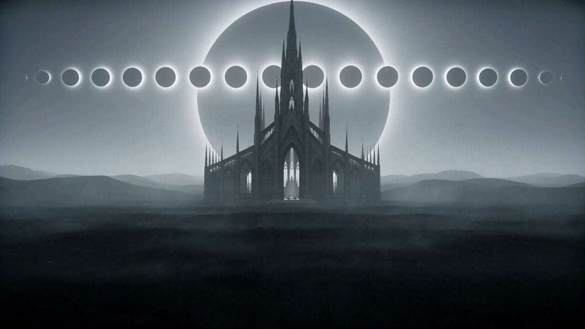 Abandoned Gothic Cathedral with Shadow Figures