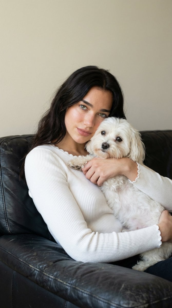 Ultra-Realistic Portrait of Woman Hugging a Maltese Dog