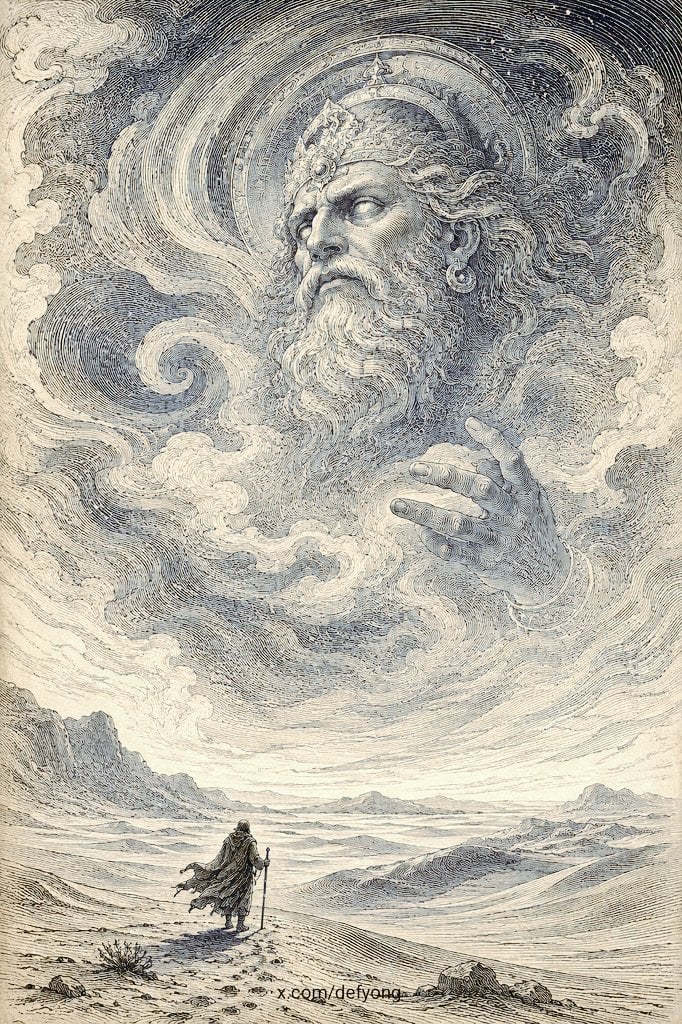 Colossal God in Engraved Desert Sky