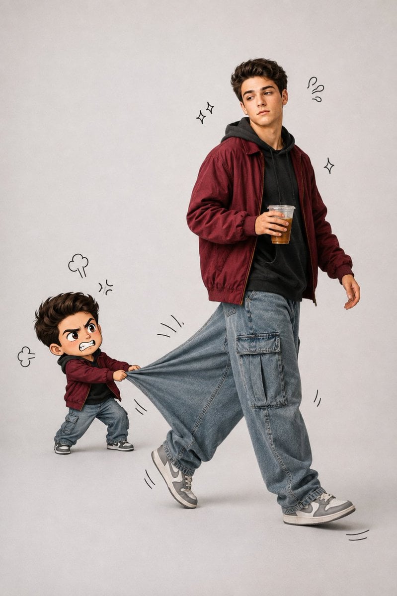 Teen With Chibi Pant-Leg Tug — AI image template example