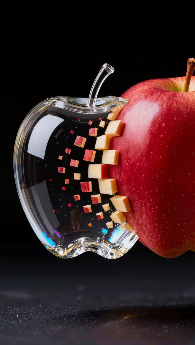 Prompt: A single apple crossing a black void, mov