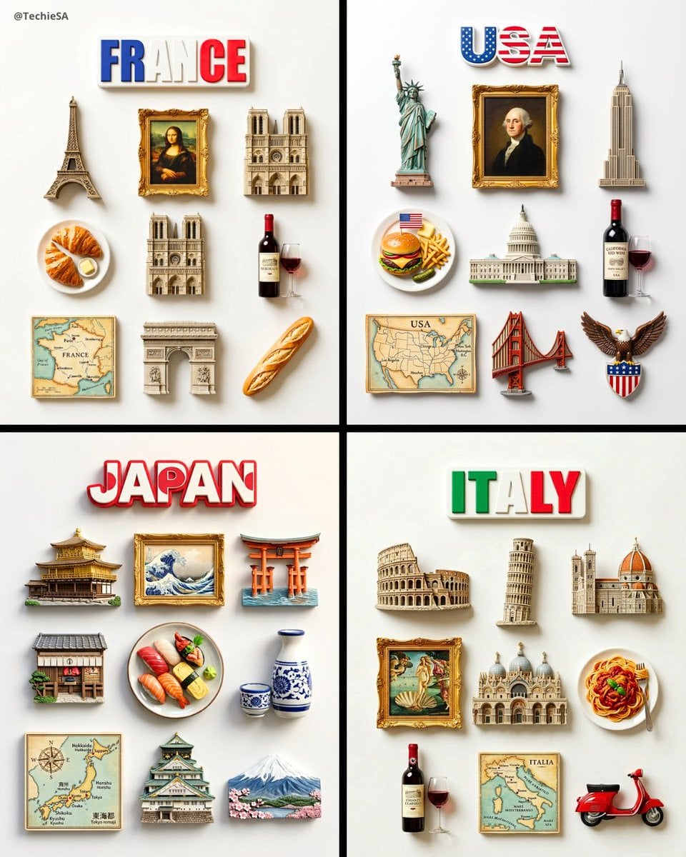 A flat-lay collection of exactly 9 hyper-realistic 3D resin fridge