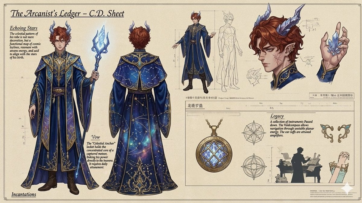The Arcanist's Ledger Character Sheet — AI image template example