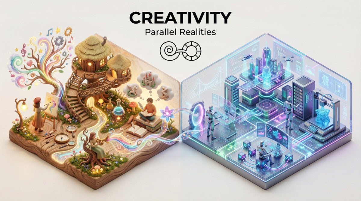 Present a clear, 45 top-down isometric miniature 3D split diorama