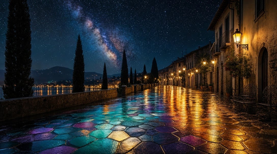 Rainbow Night Lakeside Street — AI image template example