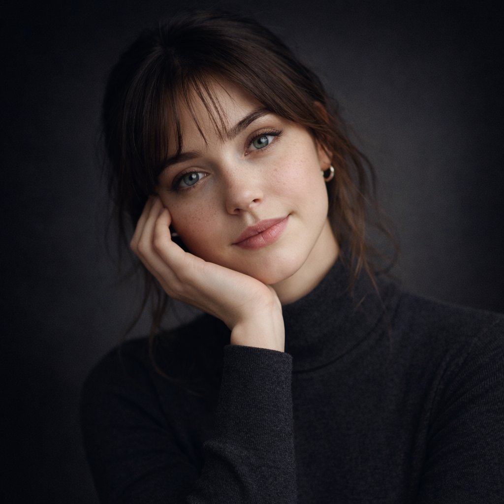 Ultra-realistic studio portrait of a young woman, front-facing, centered