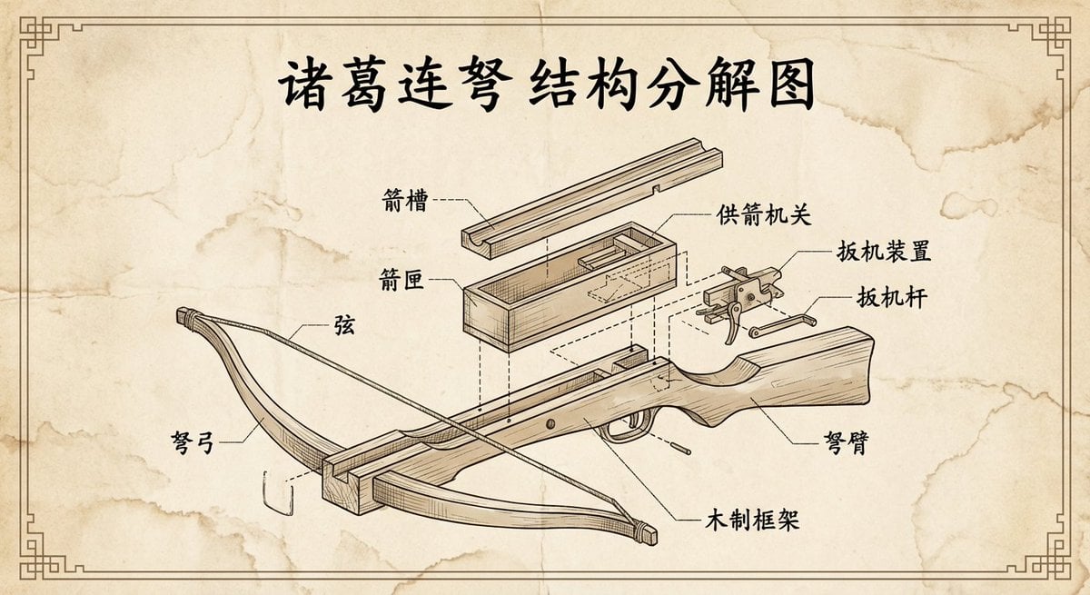 Vintage engineering exploded view of Zhuge repeating crossbow