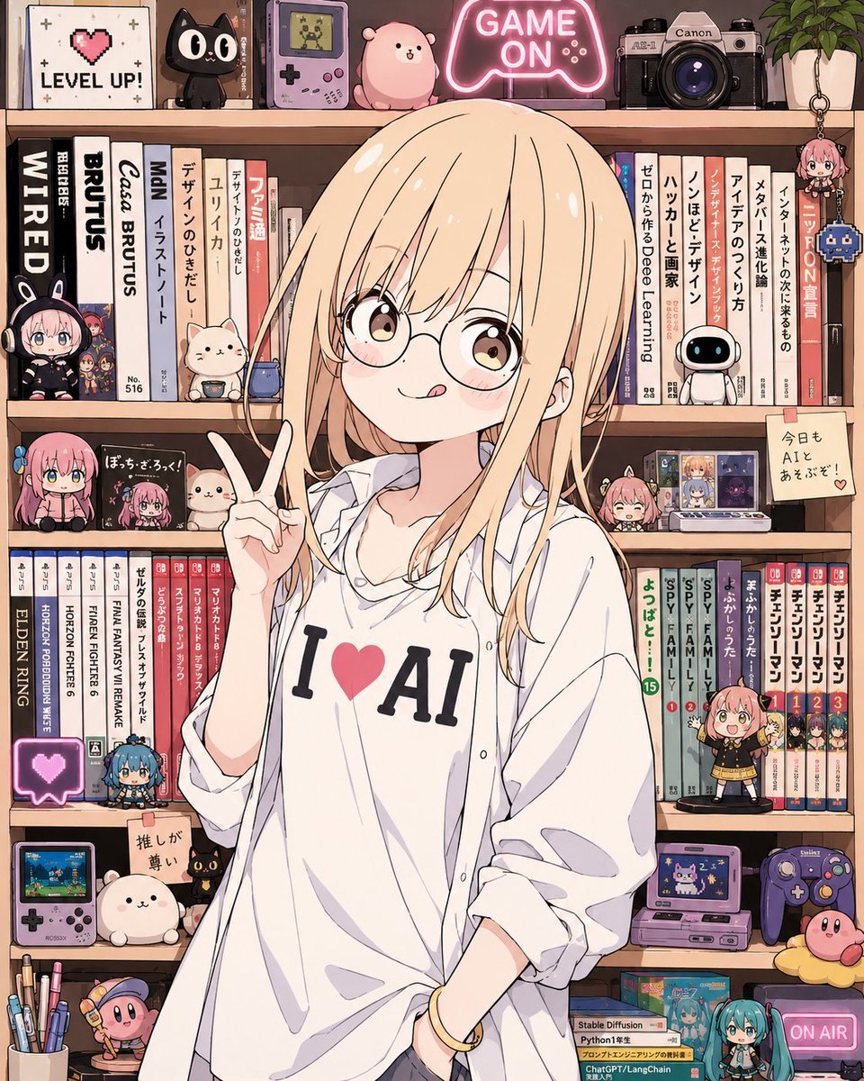 Anime AI Gamer Bookshelf Girl