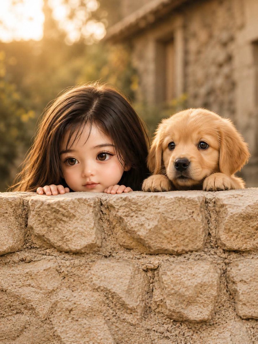 Girl and Puppy Over Stone Wall