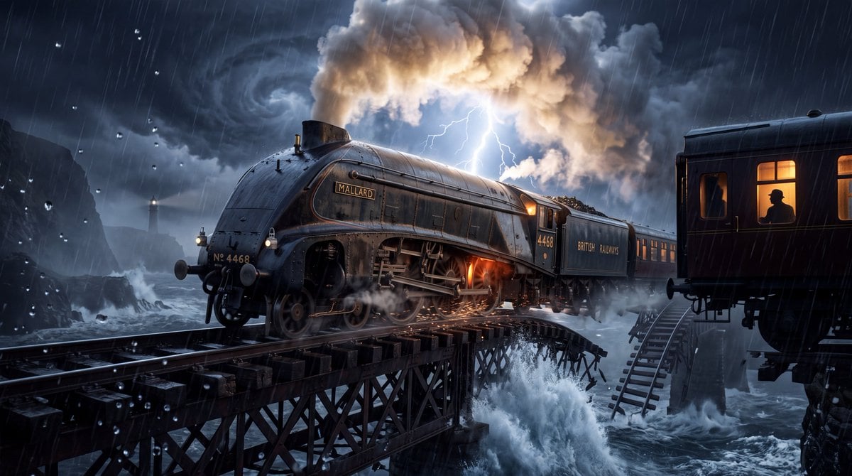 Steam Locomotive Collapsing Bridge Storm — AI image template example