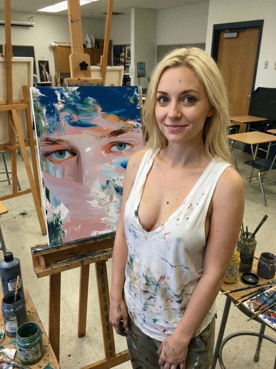 Low-Quality Smartphone Photo of an Artist in a Classroom