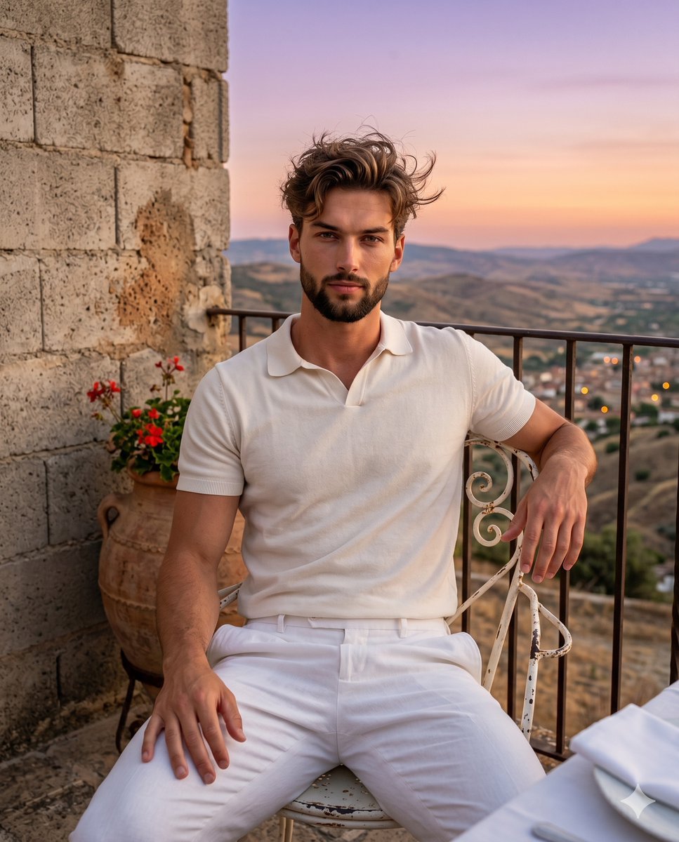 Mediterranean Twilight Terrace Portrait — AI image template example
