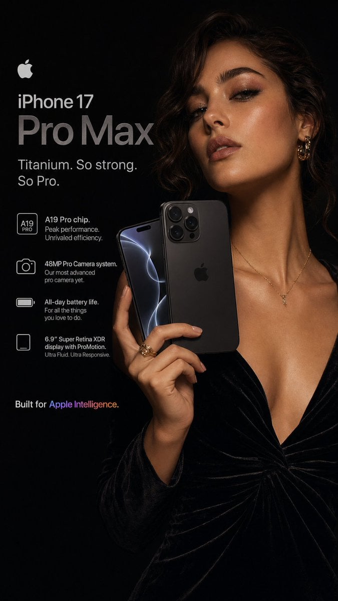 Hyperrealistic iPhone 17 Pro Max Ad — AI image template example