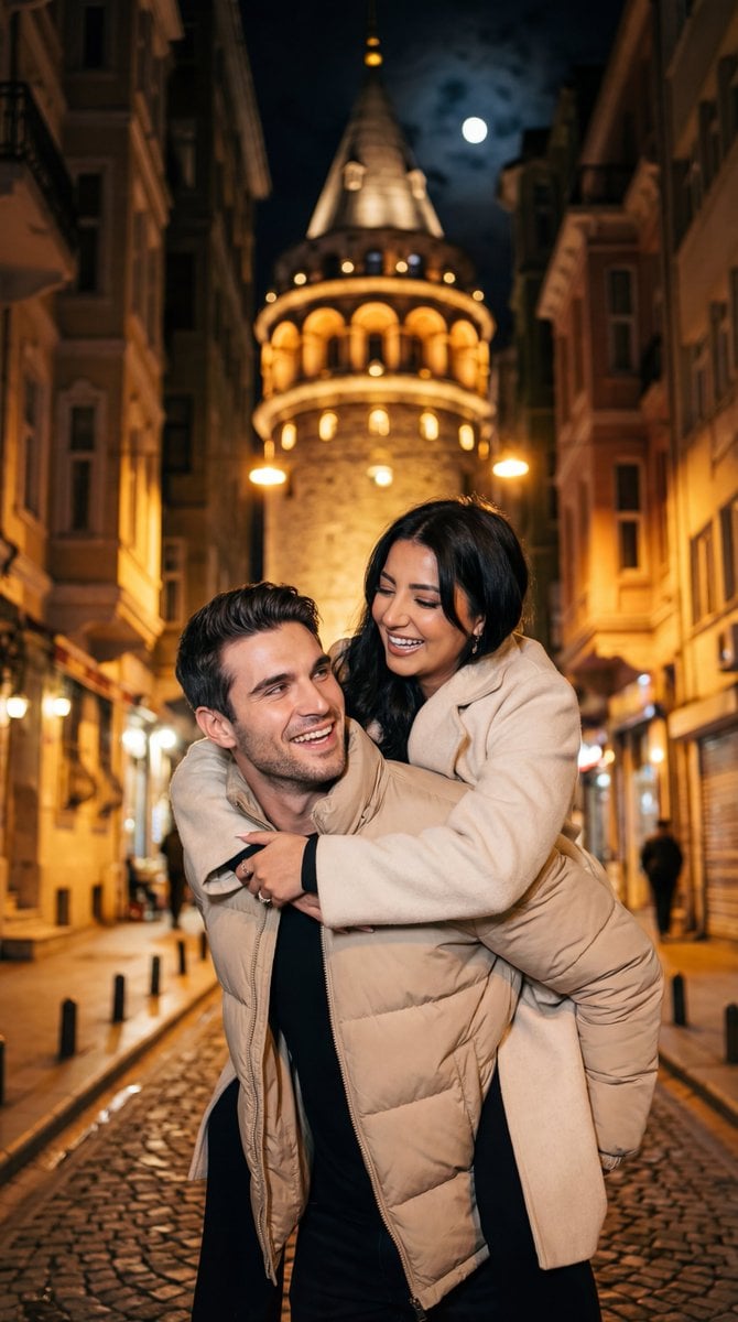 Romantic Nighttime Piggyback in front of Galata Tower