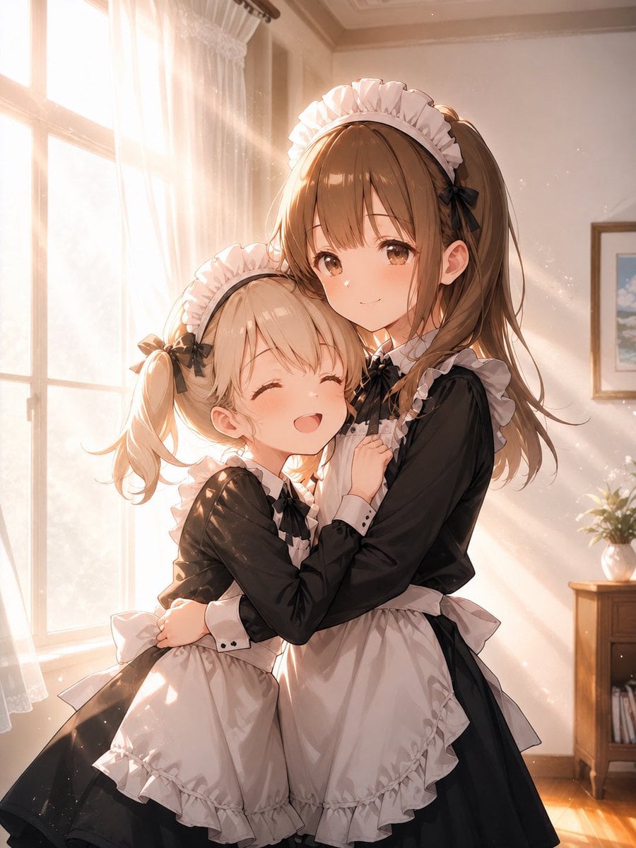 Sunlit Maid Sisters Hug