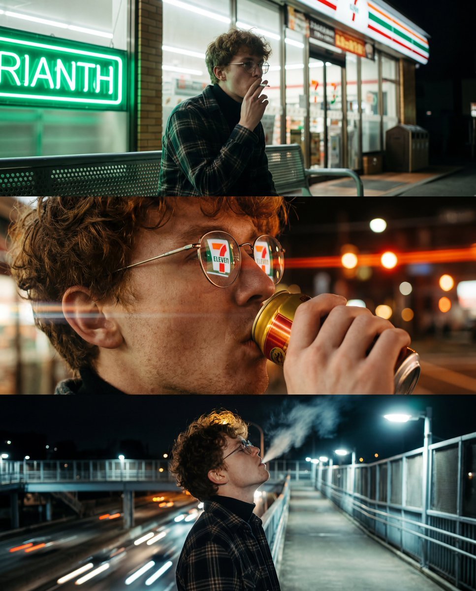 A vertical triptych of three cinematic, night-time urban photographs