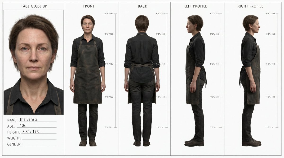 Barista Character Turnaround Reference — AI image template example