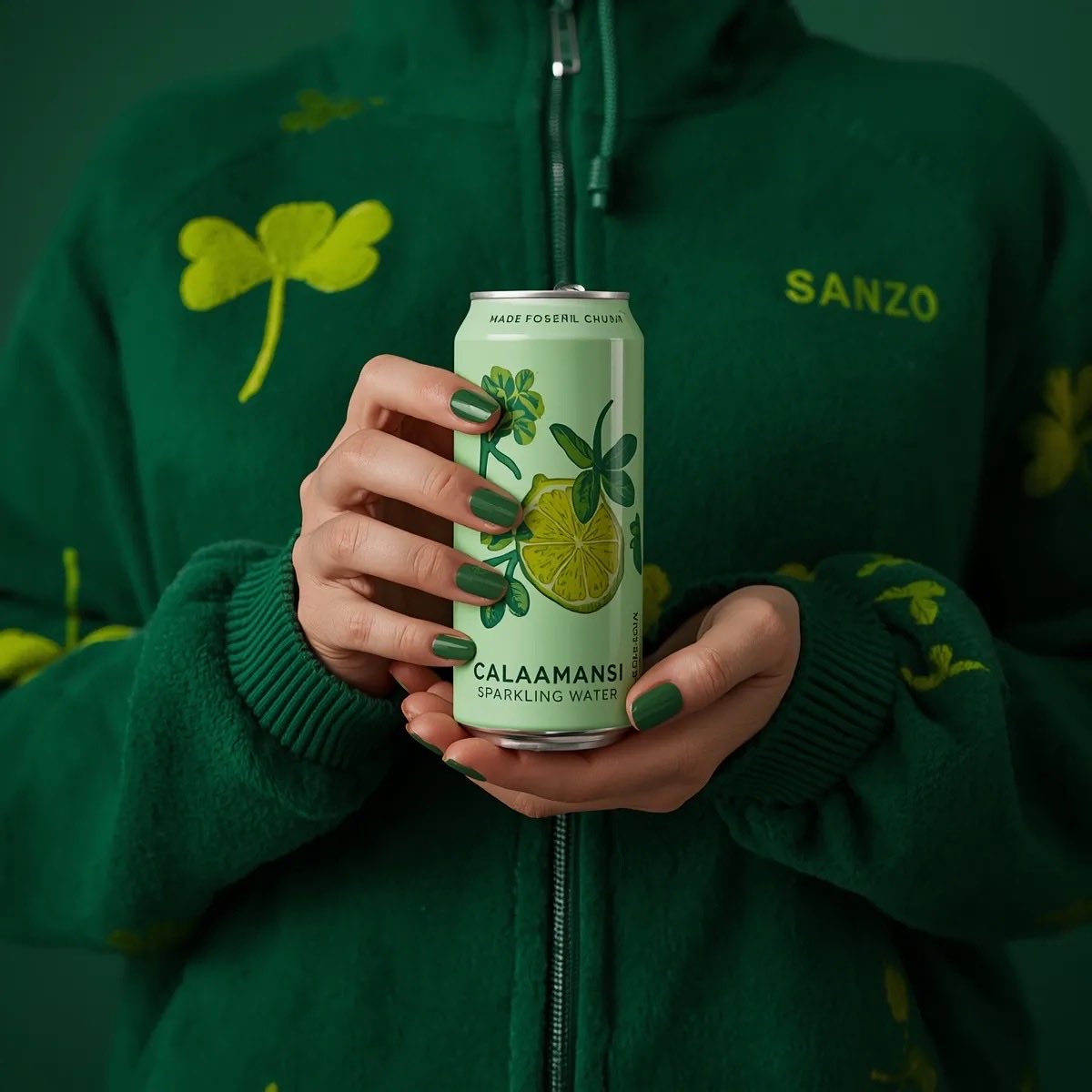 A photorealistic product shot of a person holding a slim, light green