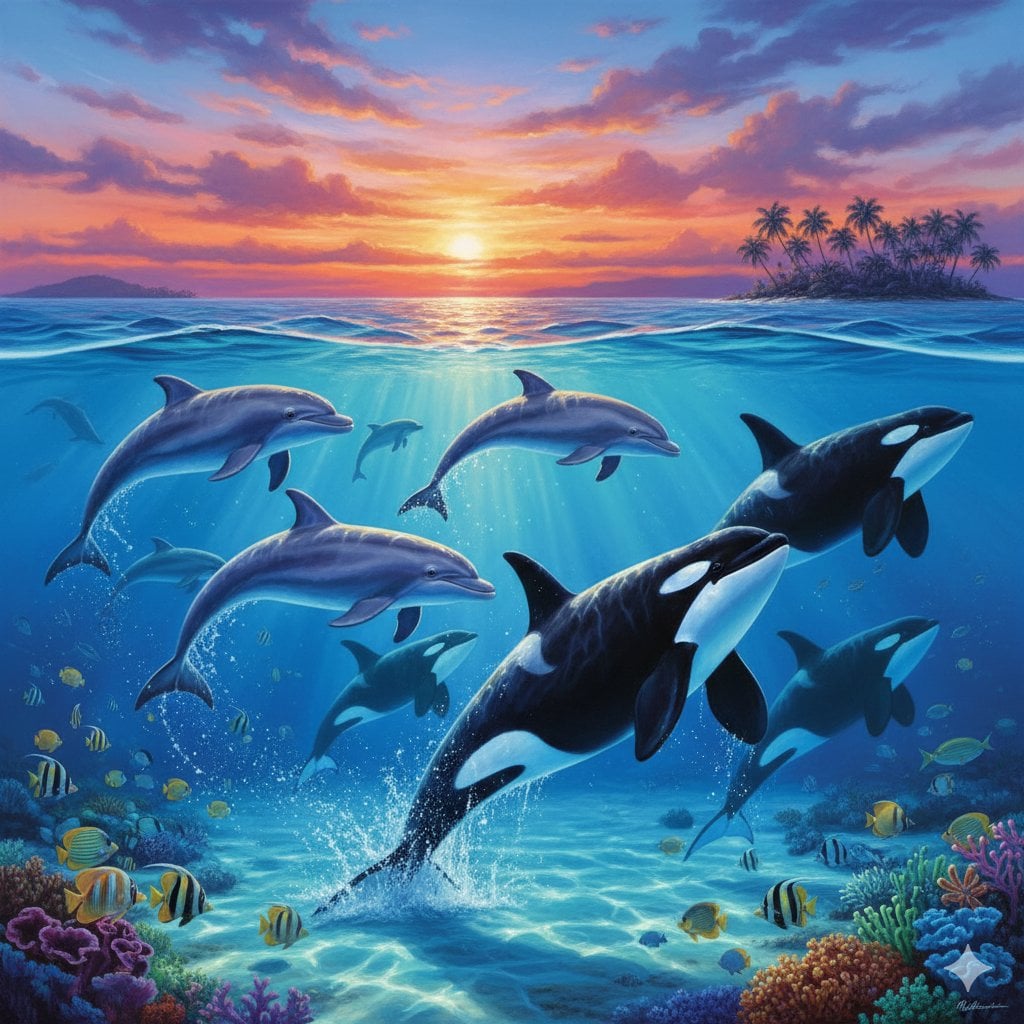 Lassen-style Painting with Dolphins and Orcas