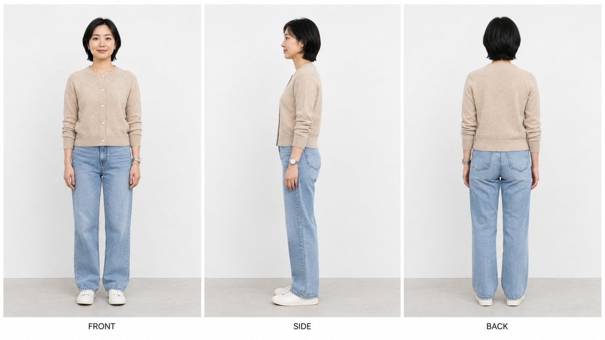 Nano Banana 2 image: a three-view character turnaround