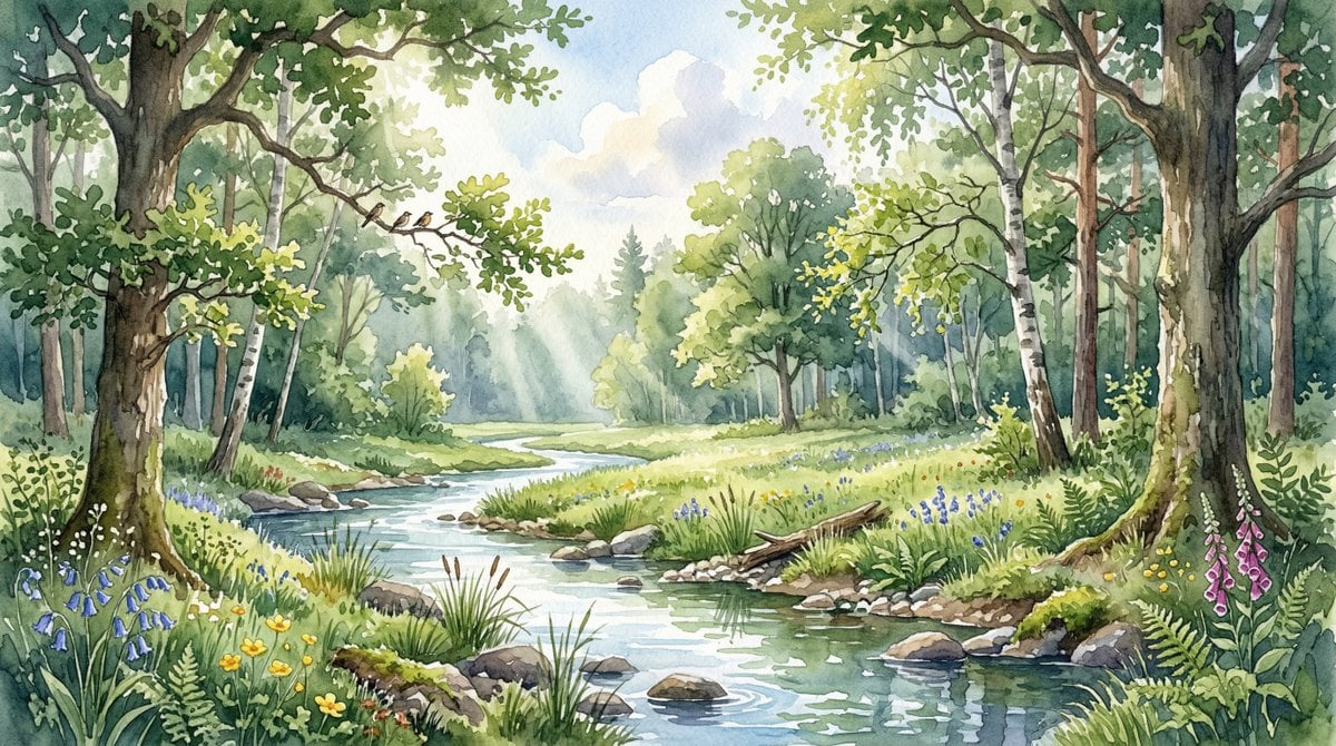 Watercolor Forest Clearing with Stream