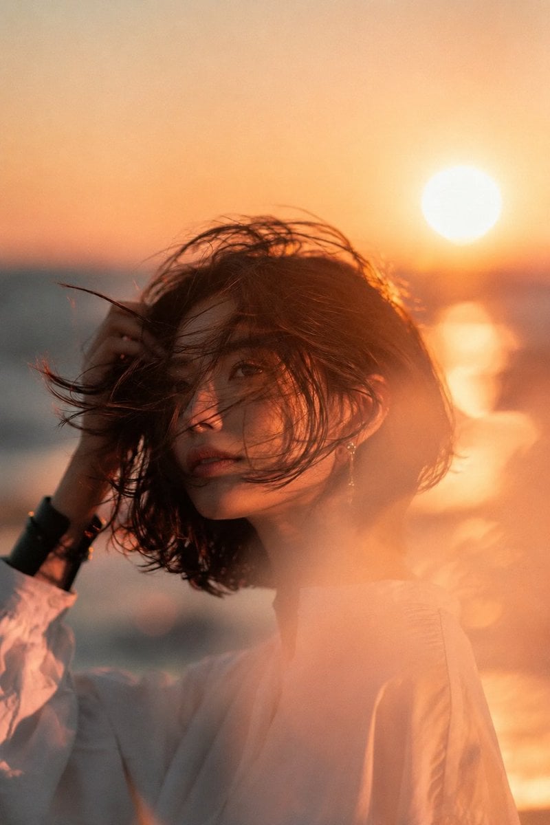 Cinematic Beach Sunset Portrait — AI image template example
