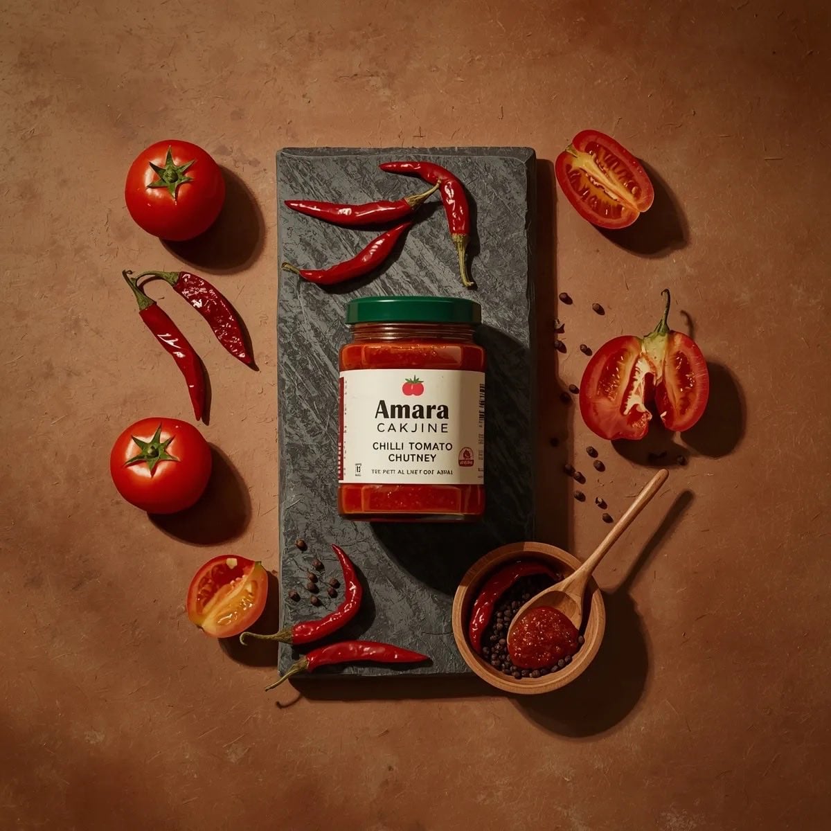 Top-down premium food photography of a glass jar of chili tomato chutney