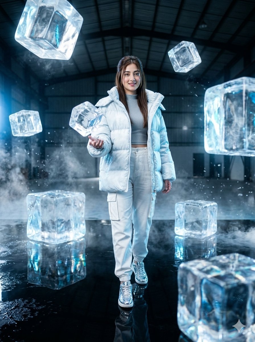 Futuristic Frozen Warehouse Fashion Shoot — AI image template example