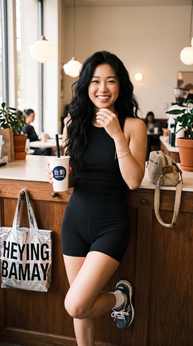 East Asian Woman Bubble Tea Cafe Portrait — AI image template example