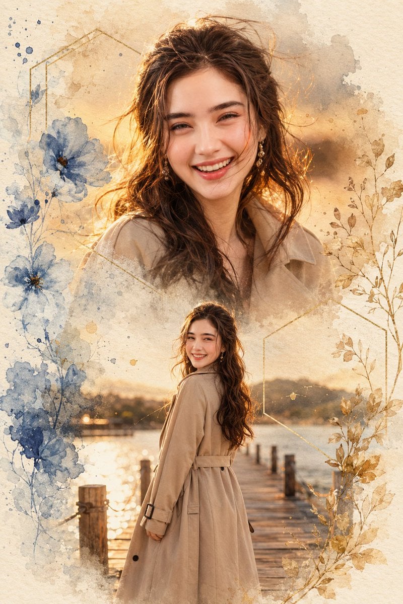 Dreamy Watercolor Portrait Collage — AI image template example