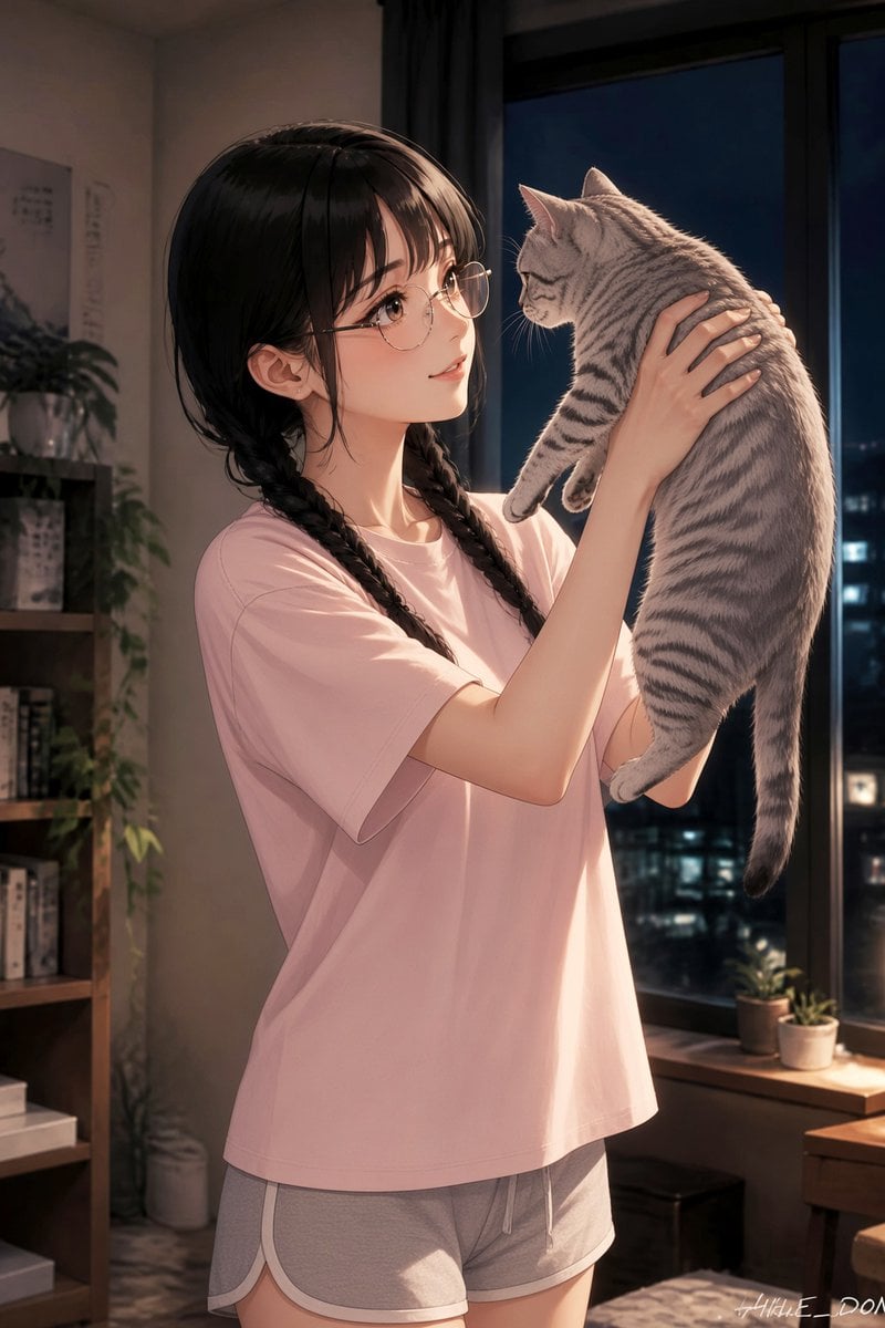 Anime Girl Holding Tabby Cat