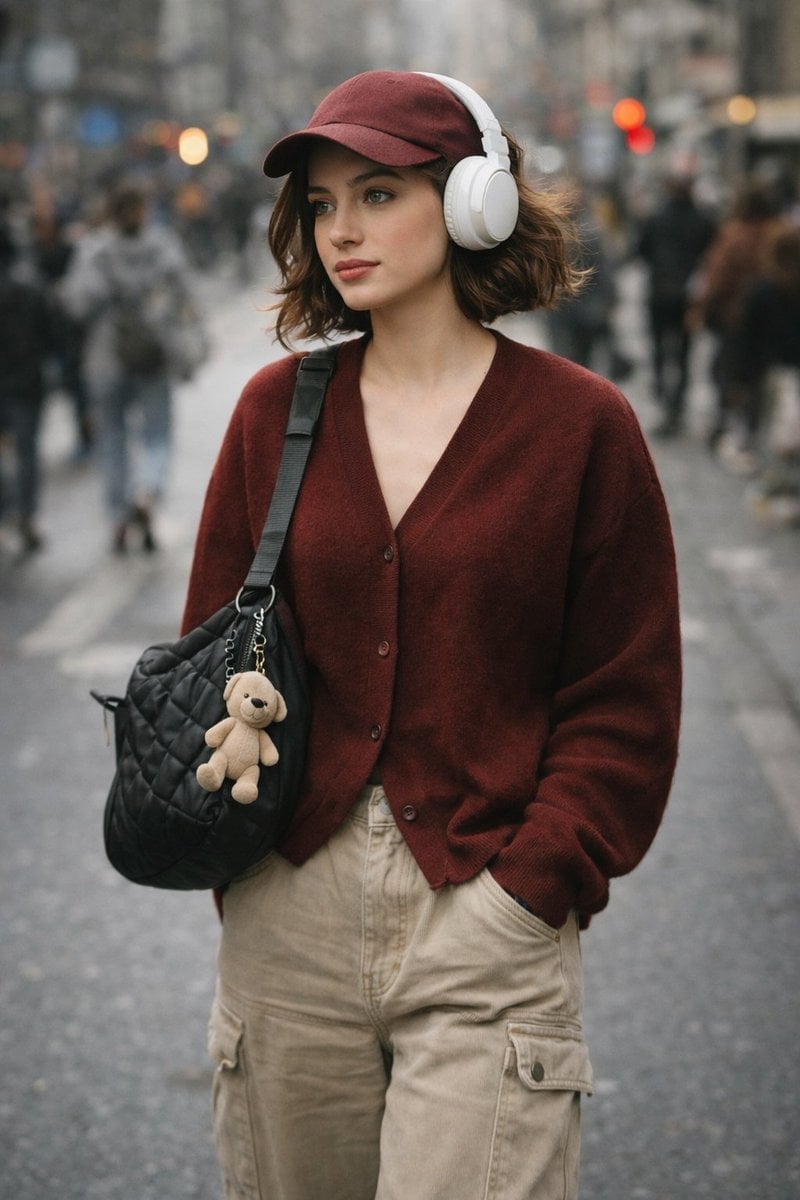 A high-quality, candid street photography shot of a stylish young woman — AI image template example