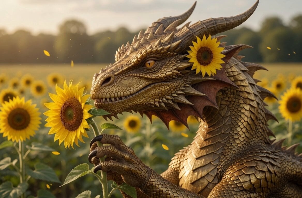 Dragon with Sunflower in Field