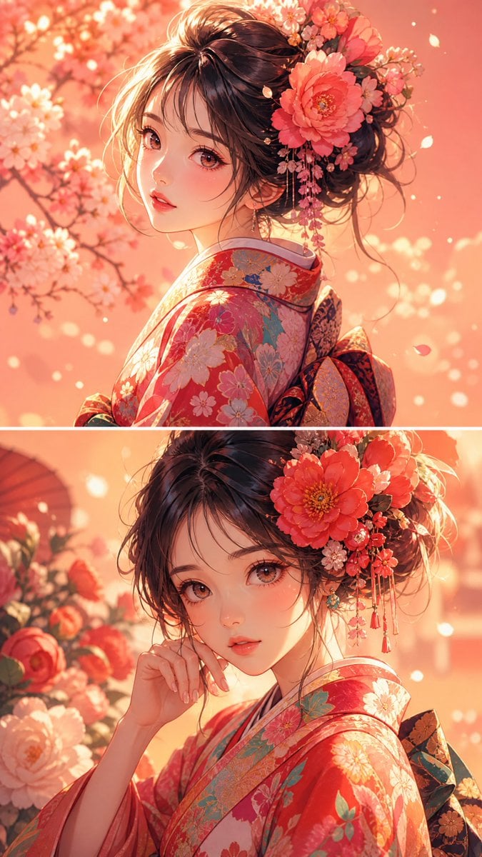 Anime Girl Floral Kimono Portrait — AI image template example