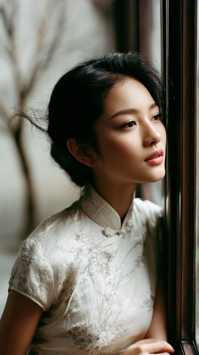East Asian Woman in Silk Qipao Corridor Portrait