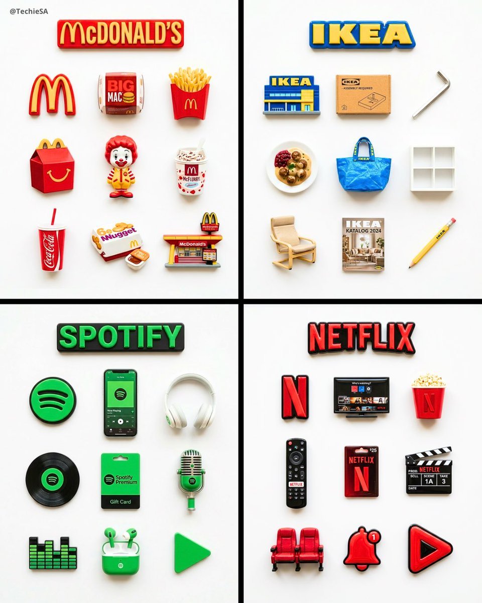 A flat-lay collection of exactly 9 hyper-realistic 3D resin fridge — AI image template example