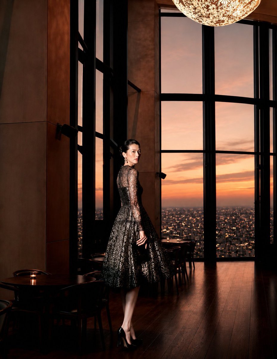 Skyscraper Restaurant Fashion Editorial — AI image template example