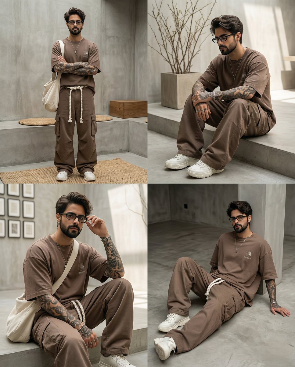 This image into a 64K DSLR shot resolution of A four-panel fashion