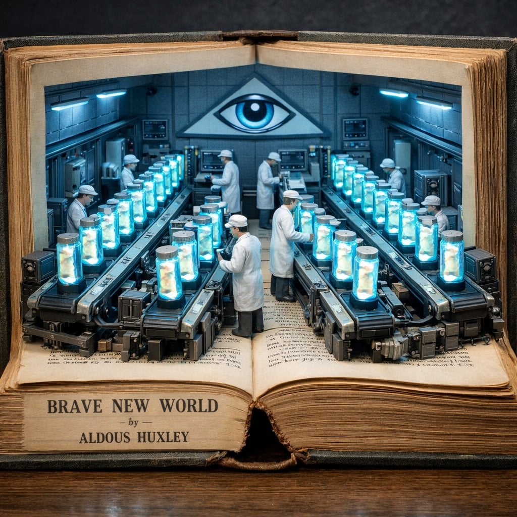 Surreal diorama emerging from an open vintage book of Brave New World