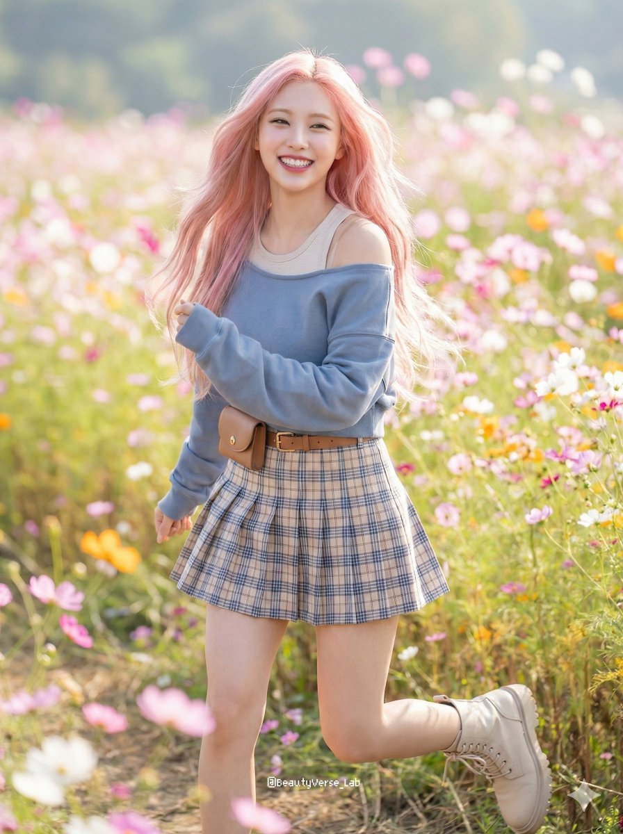 Dynamic K-Pop Idol Running in a Flower Field