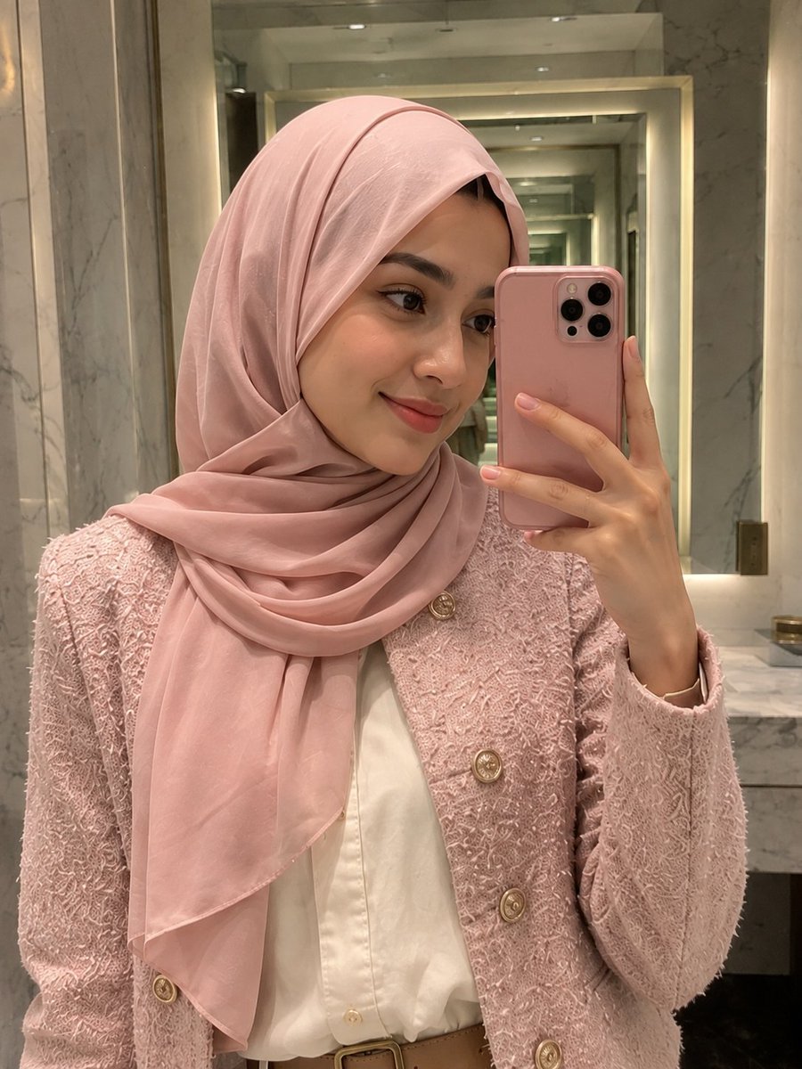 Elegant Pink Hijab Fashion Mirror Selfie — AI image template example