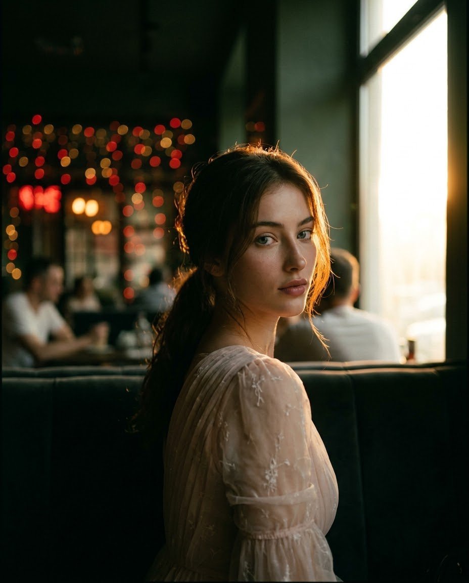 Nostalgic Cafe Film Portrait — AI image template example