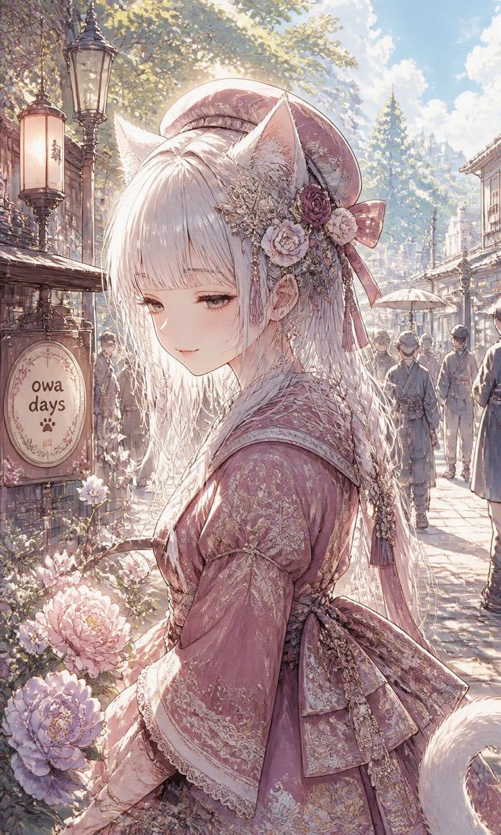 Fox-Eared Girl on Sunlit Market Street — AI image template example