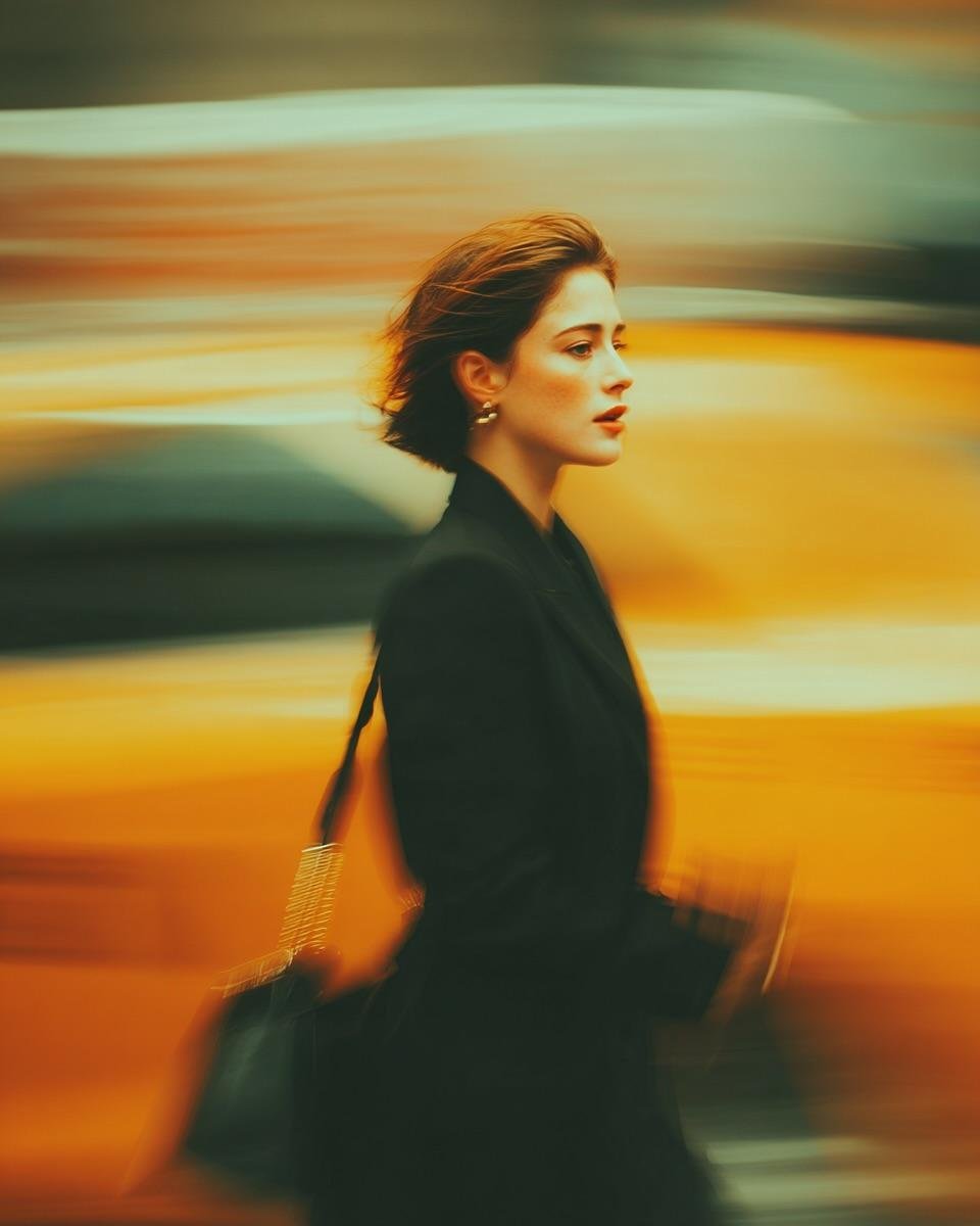 Cinematic urban fashion motion blur — AI image template example
