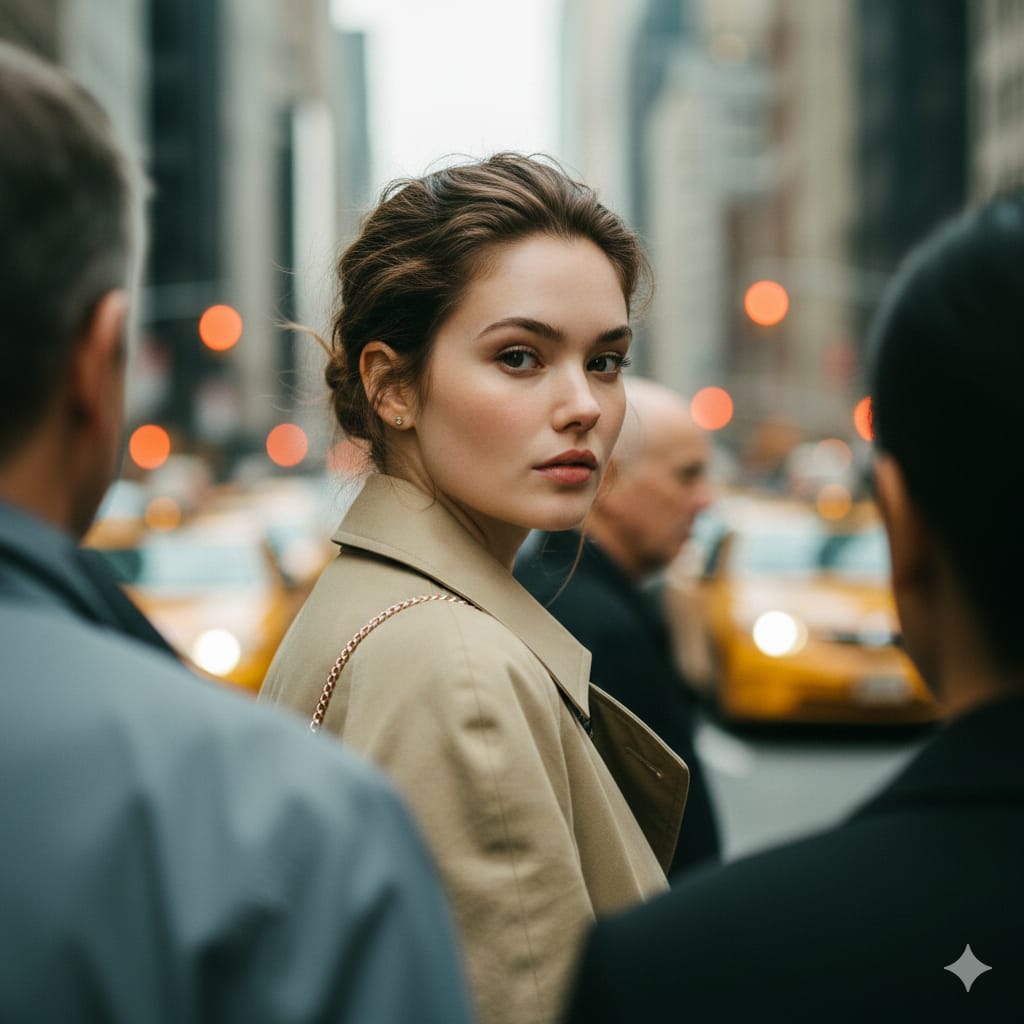Photorealistic Candid Street Portrait with Extreme Shallow DOF